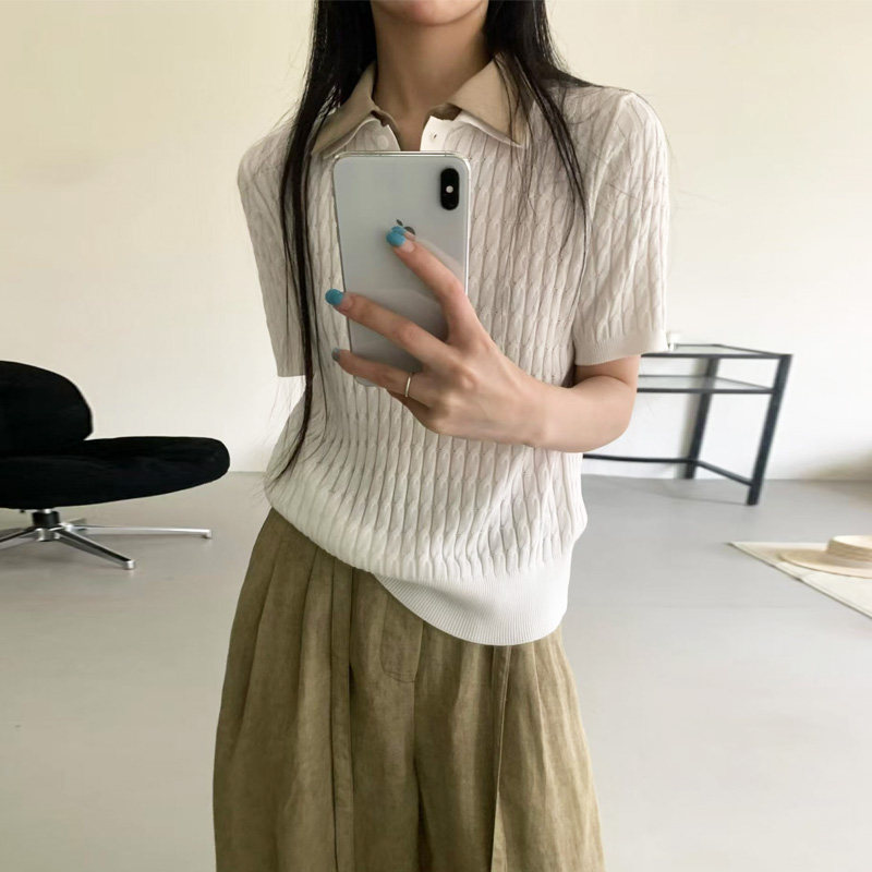 2026春夏新款撞色翻领麻花针织衫女短袖POLO衫修身百搭显瘦上衣潮