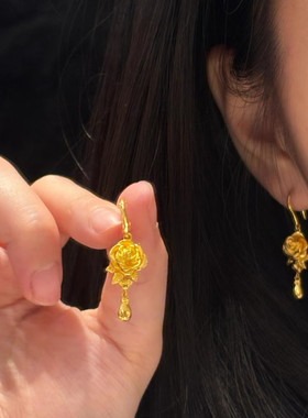 玫瑰花沙金耳环婚嫁三金仿真黄金结婚五金订婚女水滴耳饰送女友