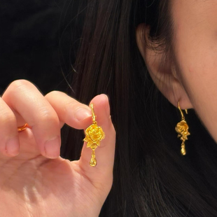 玫瑰花沙金耳环婚嫁三金仿真黄金结婚五金订婚女水滴耳饰送女友