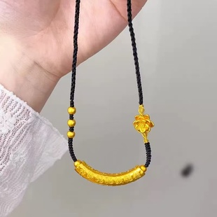 百福弯管莲花绳项链仿真黄金沙金吊坠毛衣链新中式手工编绳手饰绳