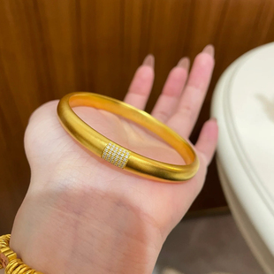 富贵圆满沙金手镯镶钻仿真黄金古法传承实心素圈镯子新中式泥鳅背