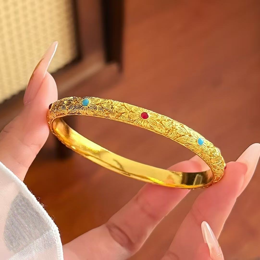 皇后沙金手镯仿真黄金镂空花丝实心宫廷风结婚三金花朵婚嫁镯子