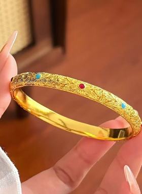 皇后沙金手镯仿真黄金镂空花丝实心宫廷风结婚三金花朵婚嫁镯子