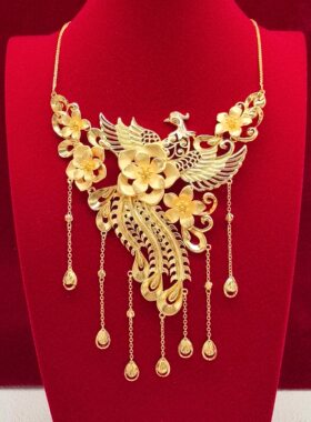 黄金色凤凰孔雀幸福花嫁结婚项链