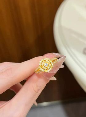 黄金色玫瑰花沙金戒指满钻花朵指环仿真五金指环轻奢高级感山茶花