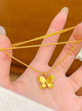 双层拉丝蝴蝶沙金项链吊坠仿真黄金葫芦小福蝶项链女新中式锁骨链