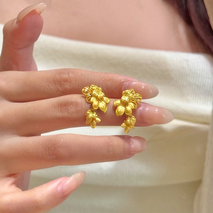 五瓣花耳钉女仿真黄金沙金花朵耳环婚庆首饰耳饰送女友结婚三金