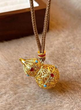 黄金色琳琅彩镂空小葫芦沙金吊坠女轻奢爬藤镀金项链新中式毛衣链