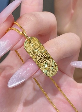 招财纳福牌沙金吊坠碎冰冰项链仿真黄金暴富吉言牌小金条锁骨链