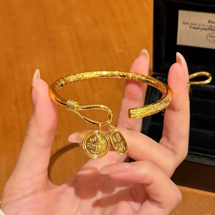 吉言铃铛福字开口沙金手镯女仿真黄金实心新中式如意手环仿三金