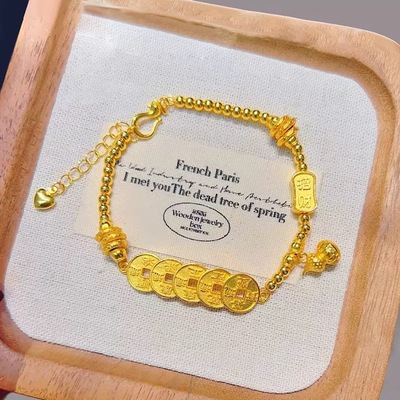 五帝钱招财葫芦沙金手链仿真黄金色珠珠新中式钱币国潮盘缠纳福女