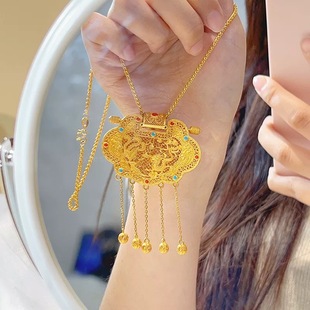 锁包吊坠天子门生项链龙凤平安锁仿真黄金色毛衣链流苏挂坠锁骨链
