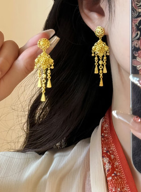 宝相花流苏耳钉仿真黄金沙金耳饰古法新中式结婚轻奢高级感送女友
