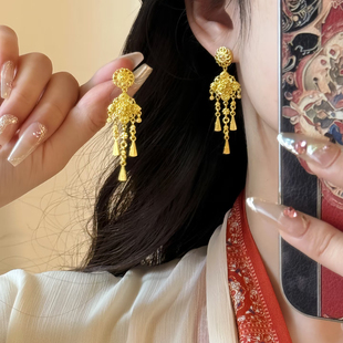 宝相花流苏耳钉仿真黄金沙金耳饰古法新中式结婚轻奢高级感送女友