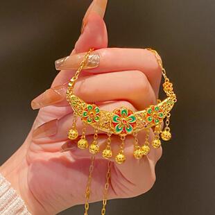 宫廷沙金项链古法黄金色桃花铃铛流苏吊坠烧蓝花朵琳琅彩锁骨链女