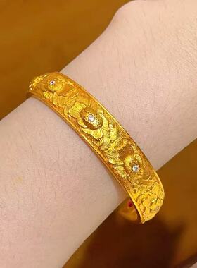 点钻牡丹花沙金手镯仿真黄金实心轮胎复古花朵新中式国风复古镯子