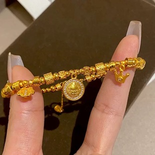 黄财神盘缠手链古法沙金色皇冠仿真黄金轻奢高级感新中式点钻手饰