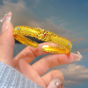 珐琅花丝蝴蝶沙金开口手镯女镂空黄金色金手串店同款久不掉色手环