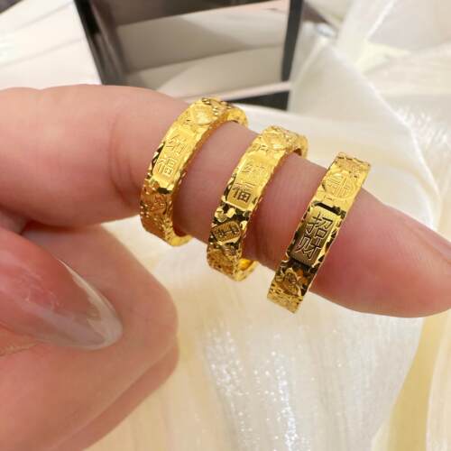 招财吉言戒指沙金仿真黄金色轻奢高级感镀金指环实心戒子金店同款