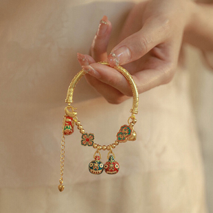 国潮烧蓝吞金兽古法沙金手镯手链珐琅手串半镯女黄金色手饰品