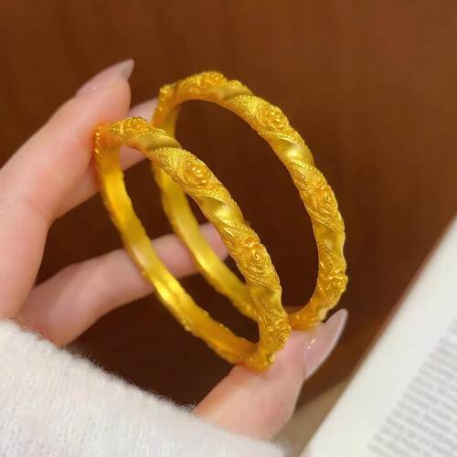玫瑰花沙金手镯仿真黄金色錾刻金店同款镀金花朵婚庆首饰结婚三金