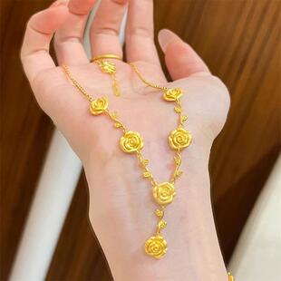 玫瑰花沙金项链黄金色套链复古轻奢手链仿真三金五金镀金新娘结婚