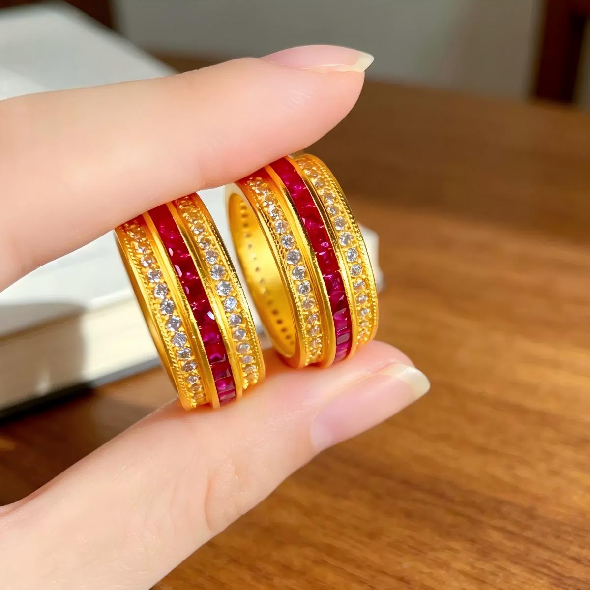时来运转沙金戒指仿真黄金色古法镶钻指环女高级感轻奢红宝石戒子图片