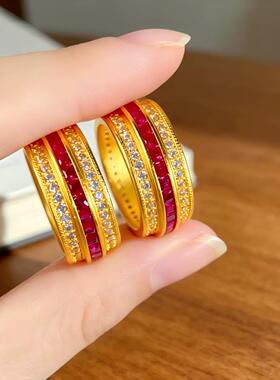 时来运转沙金戒指仿真黄金色古法镶钻指环女高级感轻奢红宝石戒子