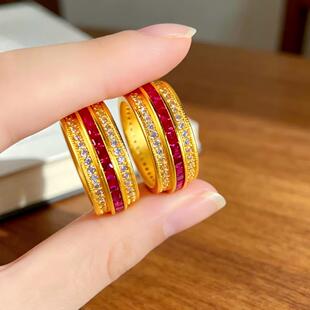 时来运转沙金戒指仿真黄金色古法镶钻指环女高级感轻奢红宝石戒子