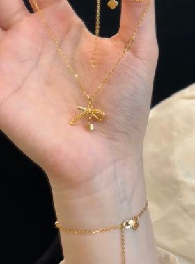 丝带蝴蝶结黄金色项链周家仿真沙金假黄金久不掉色高级锁骨链女