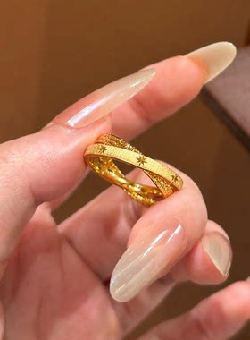 水星双环星沙金戒指仿真黄金色镀金食指戒子女轻奢中女古配饰