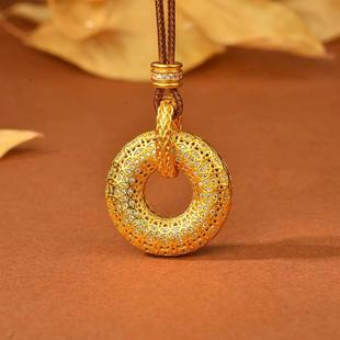 花丝古钱币平安扣沙金吊坠圆形项链甜甜圈锁骨链老铺同款编织绳