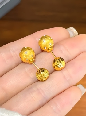 双珠小金球耳钉中古拉丝雷射星芒仿沙金黄金色贵气轻奢高级感耳饰