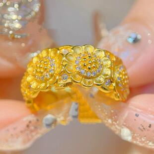 太阳花开口戒指小雏菊女沙金指环金店同款黄金色花朵蔷薇花叠戴