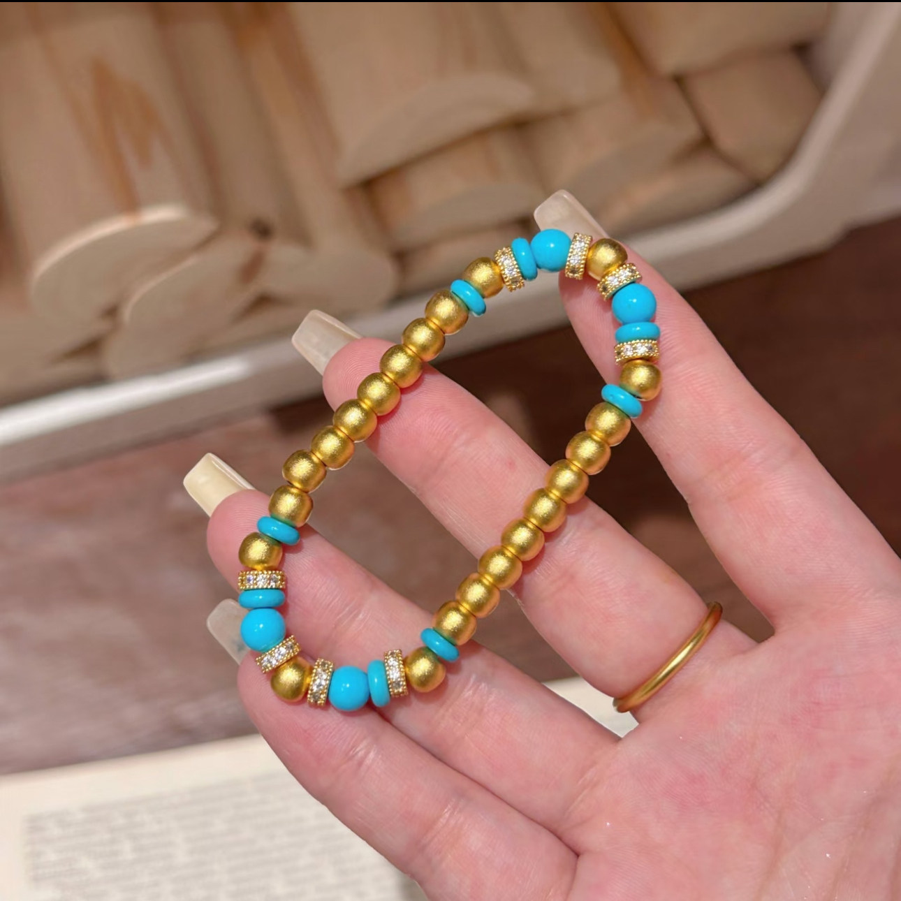 跑环沙金手链仿真蓝松石黄金镶钻新中式轻奢高级感多宝金珠手串女