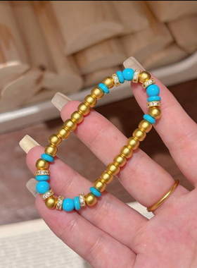 跑环沙金手链仿真蓝松石黄金镶钻新中式轻奢高级感多宝金珠手串女