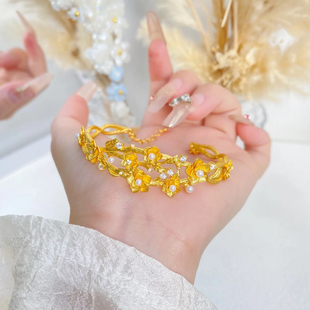 双层桃花树枝开口手镯仿真黄金沙金实心镯子女款珍珠轻奢高级感