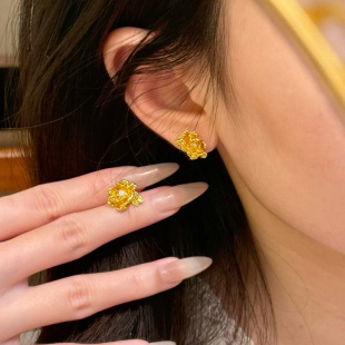 牡丹花沙金耳钉仿真黄金芍药花耳饰国风轻奢新中式点钻花朵高级