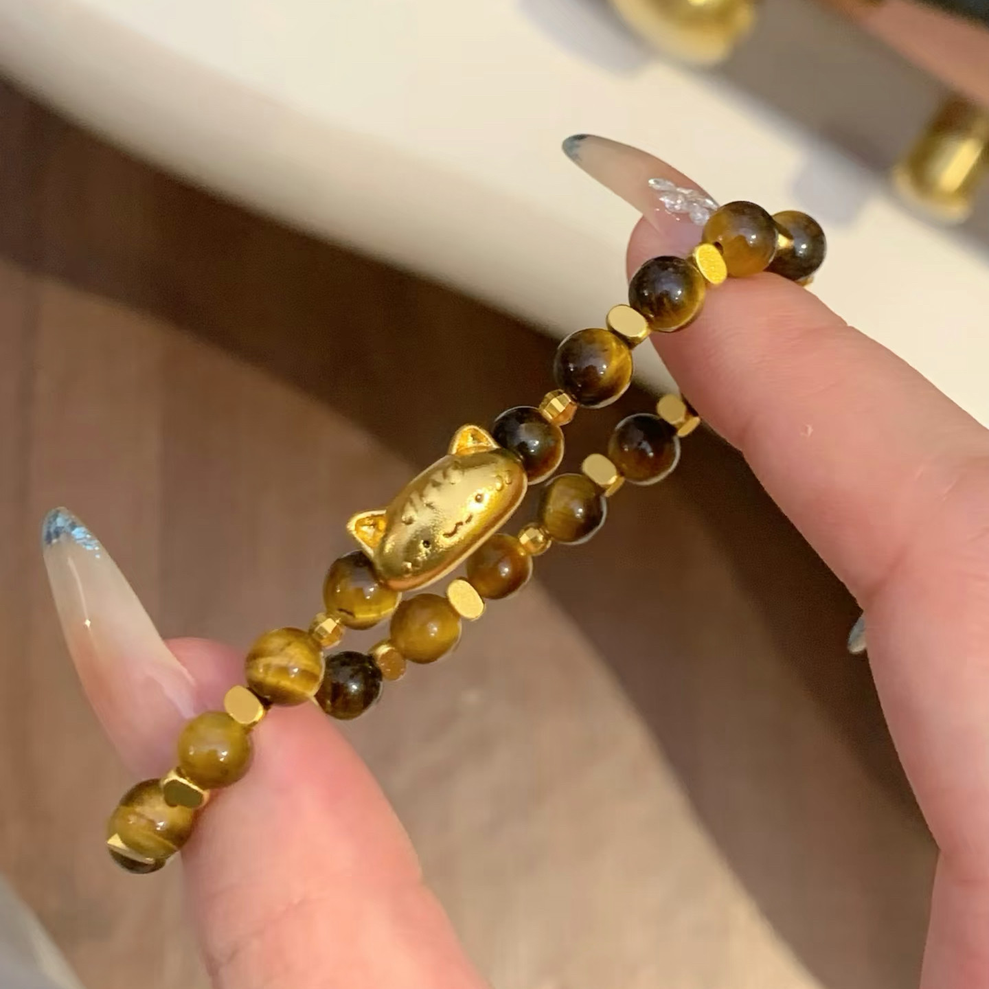 猫咪虎眼石手链女仿真黄金古法沙金法棍猫转运珠轻奢高级感手串 - 实物图