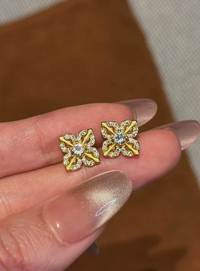 十字金刚杵沙金耳钉女仿真黄金点钻古法轻奢高级耳饰婚嫁结婚配饰