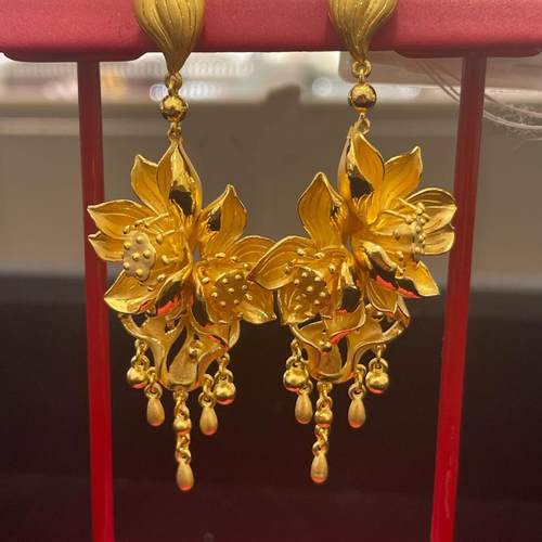 黄金色荷花流苏耳环古法轻奢花月佳期婚嫁假三金耳钉气质结婚耳饰