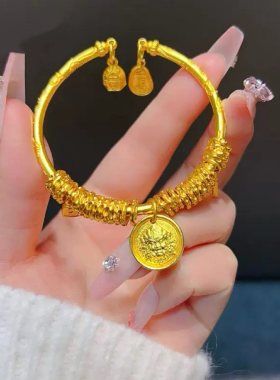 黄财神盘缠沙金手链仿真黄金手镯招财金店同款新中式平安喜金镯子