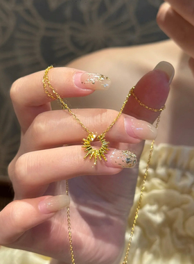 太阳花光芒沙金项链仿真黄金镂空轻奢星芒吊坠欧美风锁骨链送女友