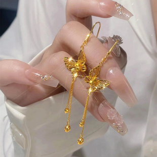 花丝蝴蝶沙金蹦迪珠流苏耳环黄金色新中式复古风镭射蝴蝶轻奢耳饰