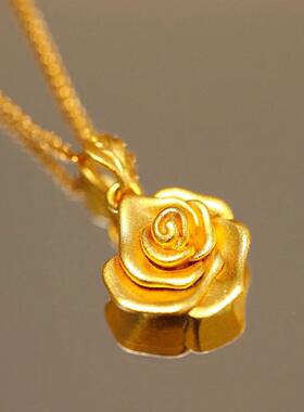 黄金色玫瑰花吊坠女花朵项链
