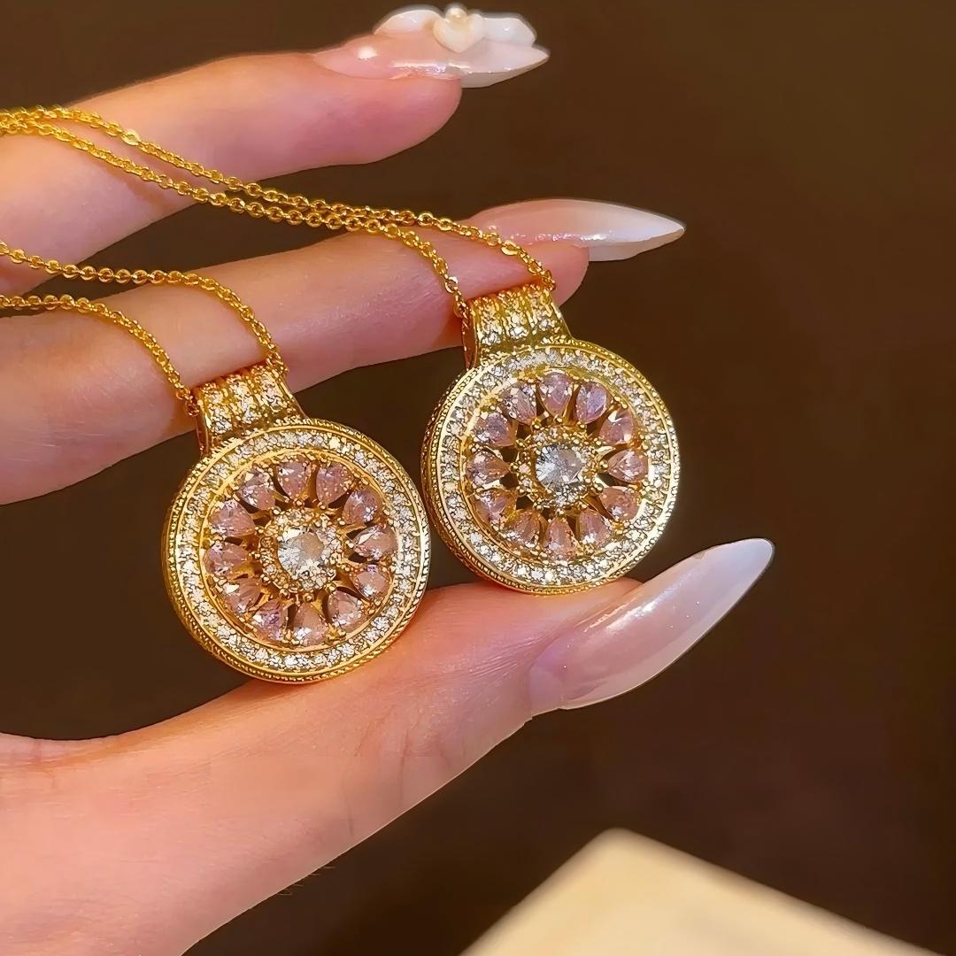 粉色玫瑰花窗吊坠八宝罗盘沙金项链仿真黄金锁骨链镀金轻奢高级女