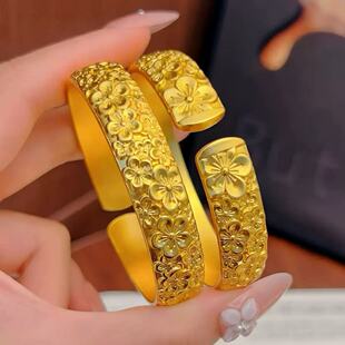 宽版花朵沙金手镯女仿真黄金新中式轮胎结婚首饰秀禾服泥鳅背镯子