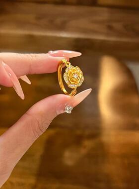 玫瑰花沙金戒指女镶钻指环