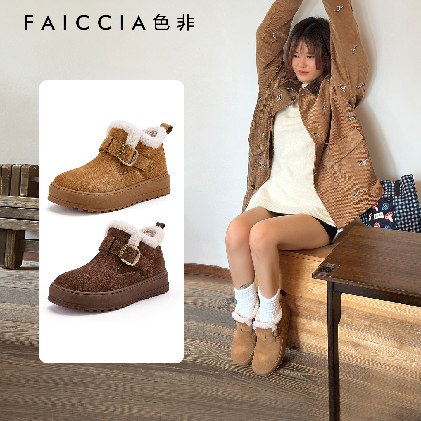 新款皮带扣保暖毛毛鞋休闲鞋