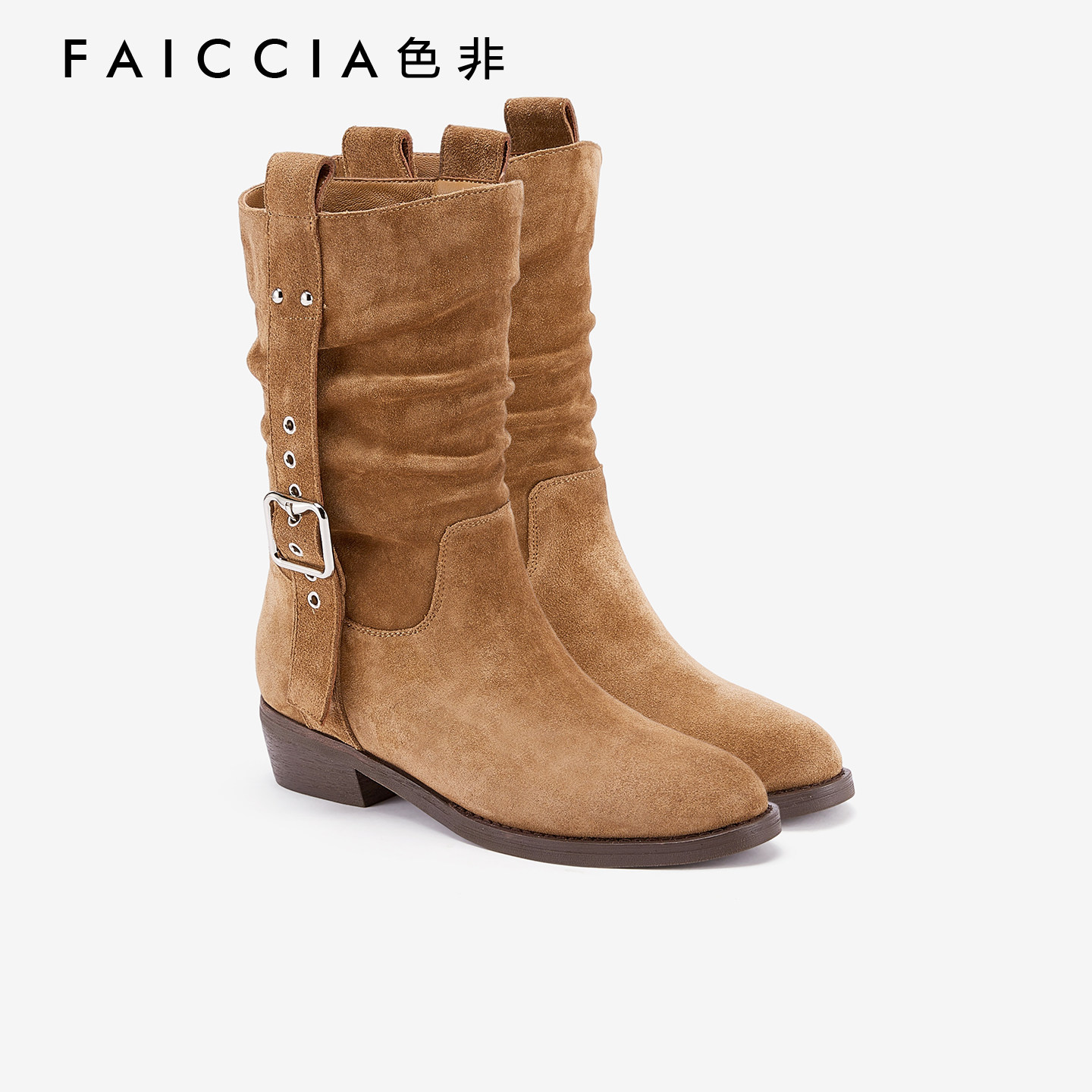 色非复古风绒面中筒靴女2025冬季新款气质时装靴色西部牛仔靴D894